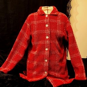 Vtg 90s NY & Co red white plaid teddy fleece blanket flannel shacket L/XL NWOT
